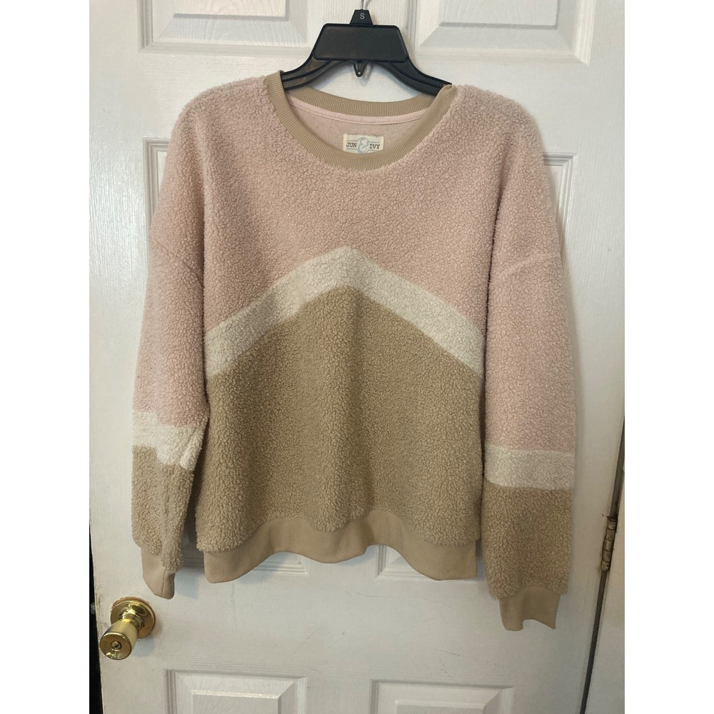 Jun & Ivy Womens Sherpa Fleece Sweatshirt Pink Tan Colorblock Chevron Pullover L